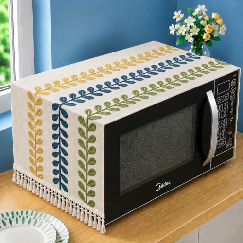 Image of Premium Cotton Microwave Oven Cover | Elegant Embroidered Leaf Design with Decorative Tassel Fringe | Dustproof Washable Kitchen Appliance Protector | Appliances Cover | 100 x 35 CM (Yellow)