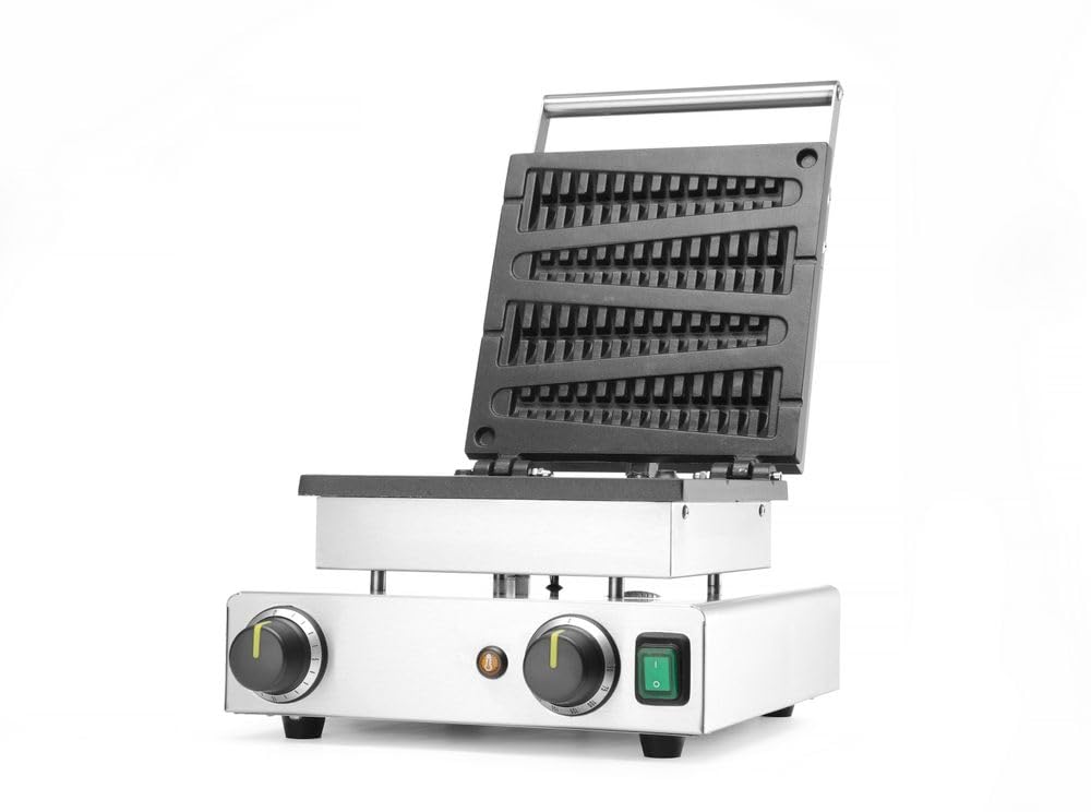 HENDI Gaufrier "sucettes", pour 4 délicieuses gaufres sur un bâton, température est réglable en continu de 50˚C à 220˚C, Teflon®, 230V, 1750W, 310x395x(H)230mm, acero inoxidable 18/0