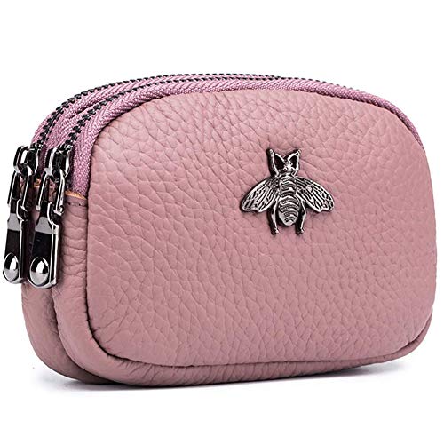 Porte-Monnaie en Cuir véritable pour Femme - Double Zipper Bee Change Pouch Wallet Card Holder Porte-Monnaie Mini Simple Cute Coin Pocket utile pour Les...