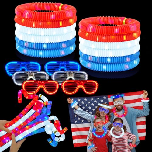 4th of July Red White Blue Glow Sticks & Glasses 12 PCS Fourth of July Light up Necklace Bracelet Accessories for Toddler 250th Anniversary Patriotic Party Favor Supplies Decorations Toy Gift for Kids