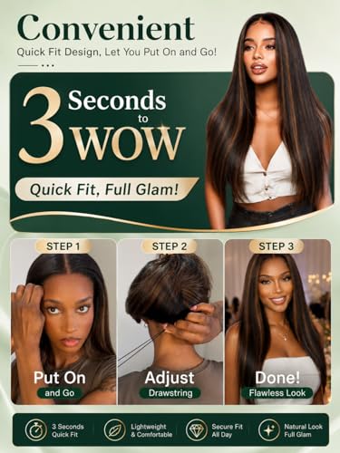 Image of KLAIYI Bye Bye Slip Golden Brown Highlight Glueless Yaki Straight Precut 7x5 Lace Front Wigs Human Hair Drawstring Ombre Pre Plucked Bleached Knots 30S Ready to Wear and Go Wig with Dark Roots 24Inch