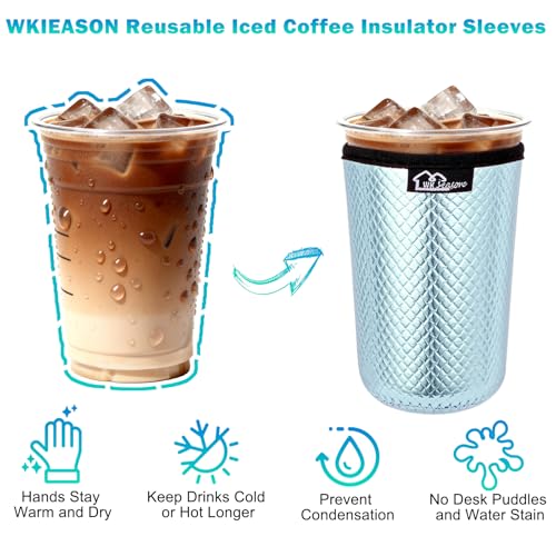 Image of WKIEASON Reusable Iced Coffee Sleeves 16-32OZ PU Leather Neoprene Coffee Cup Sleeves Insulator Cover for Cold Drinks Beverages, Starbucks, McDonalds, Dunkin Donuts and More(Blue Set)