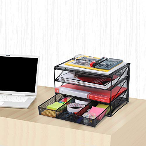 Veesun Paper Letter Tray Organizer, Mesh Desk File Organizer with 3 Tier Shelf Sorter with Drawer,Black - Thumbnail 5