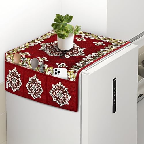 Image of Polyester 3-Layered Fridge Top Cover /Refrigerator Cover With 6 Utility Pockets (Color-Maroon, Size-39x21 Inches)