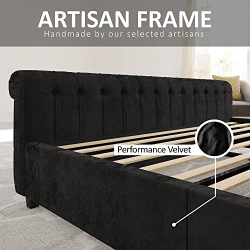 Amerlife King Size Platform Bed Frame, Velvet Upholstered Sleigh Bed With Scroll Wingback Headboard & Footboard/Button Tufted/No Box Spring Required/Easy Assembly/Black #TOP6