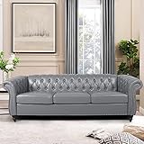 PHOYAL Modern 3 Seater Couch, Large Sofa Furniture, Roll Arm Classic Tufted Chesterfield Settee Leather Sofa with Channel Tufted Seat Back for Living Room, Grey