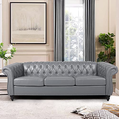 Image of LEVNARY Chesterfield Sofa, Classic Tufted Upholstered Leather Couch, Modern 3 Seater Couch Furniture with Tufted Back for Living Room Office (Gray)