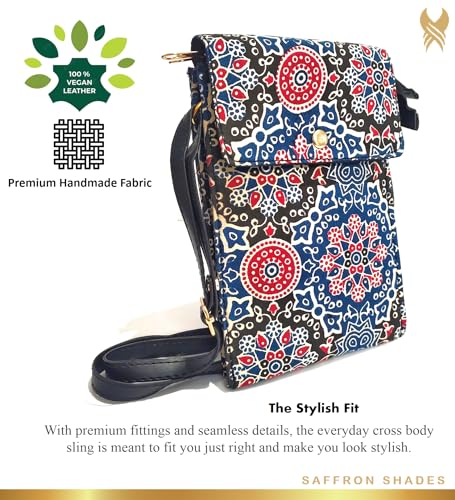 SAFFRON SHADES Printed Handmade Fabric Vegan Leather Stylish Cross Body Sling Bag Double Zipper for women girls (Red & Blue Rangoli) view 2
