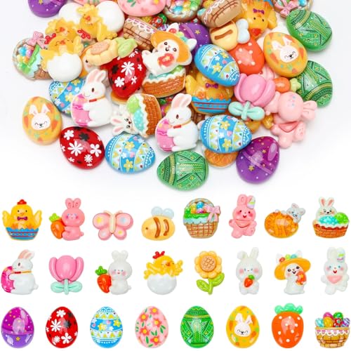 DTOFOOT 60 Pcs Mini Easter Resin Charms Tiny Egg Bunny Flatback Charms Figurines 24 Unique Designs for Easter Basket Stuffers Spring Decor DIY Craft Making