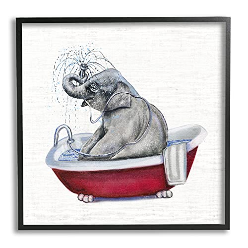 Image of 'Elephant in Red Bathtub Playful Safari Animal'| Framed Giclee Art | Stupell Industries | Black, 17 x 17 Inches, Easy to Hang and Sturdy, Made in USA, by Donna Brooks