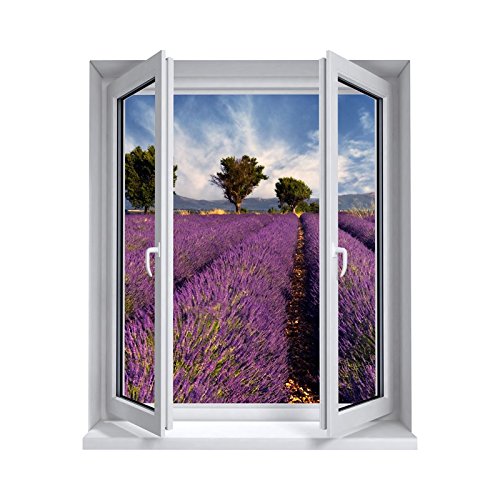 Stickers trompe l'oeil fenêtre champ de lavande - L 92cm x H 110cm