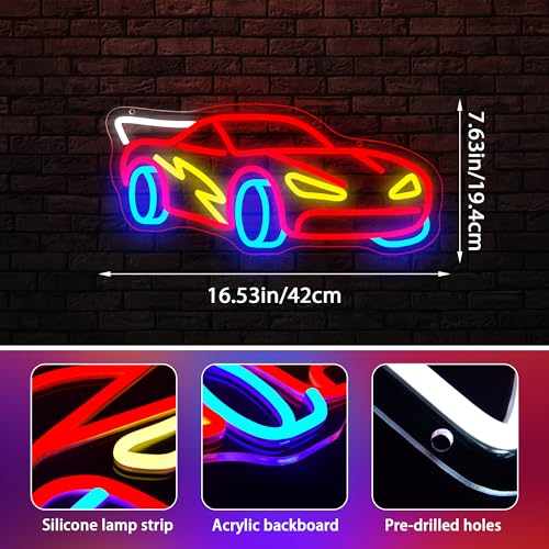 Image of Racing Car Neon Sign for Wall Decor Racing Neon Light for Man Cave Dimmable LED Car Suitable for Room Decor Light Up Bedroom Playroom Birthday Party Gift for Kids Size16.5 * 7.6In(P110)