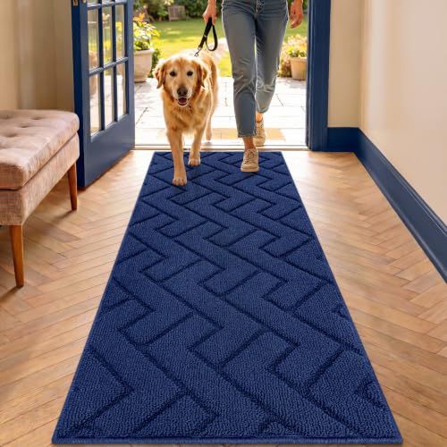 Image of hicorfe Dirt Trapper Indoor Doormat,20 inchx48 inch Welcome Door mat,Non Slip Backing Washable Door Mats,Absorbent and Resistant Low-Profile Entrance Inside Floor Mat for Front Back Door,Entryway (Navy Blue)