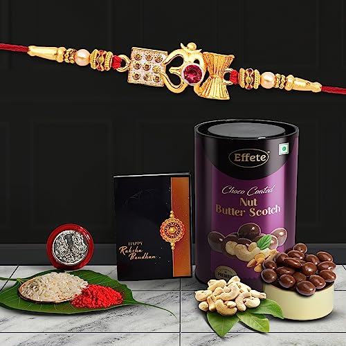 Image of DeoDap Multicolor Red Rakhi Bracelet Roli Chawal with Chocolate Butter Scotch 96gm, Silver Pooja Coin, Tilak Set, Greeting Card - Rakhi Gift for Brother