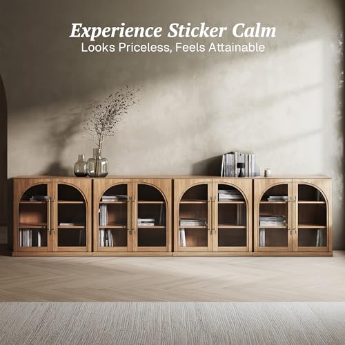 Image of BELLEZE Set of 4 Modular Sideboard with Arched Glass Door, 130'' Accent Display Buffet Cabinet with Storage and Adjustable Shelves,Classic Modern Credenza for Living Room Kitchen Entryway (Camel)