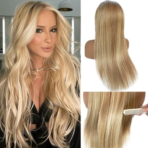 Image of Ombre Golden Blonde Highlights Lace Front Wig Human Hair for White Women 28 Inch Pre Plucked 13x6 HD Transparent Lace Frontal Human Hair Wig with Brown Roots Straight 180% Density Glueless Wigs