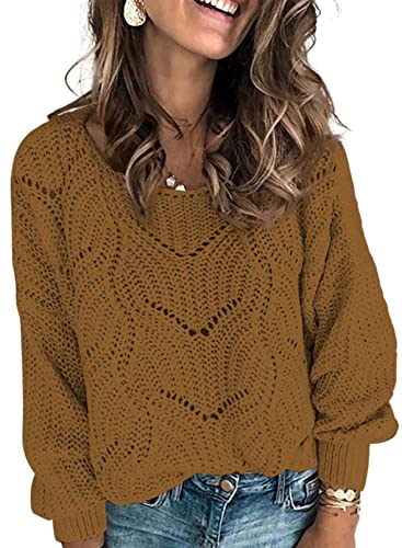 Dokotoo Womens Sweaters Ladies Cute Fashion Casual Loose Winter Fall Solid Hollow Out Chunky Cable Knit Crewneck Long Sleeve Knitting Sweaters Pullover Outerwear Khaki Large