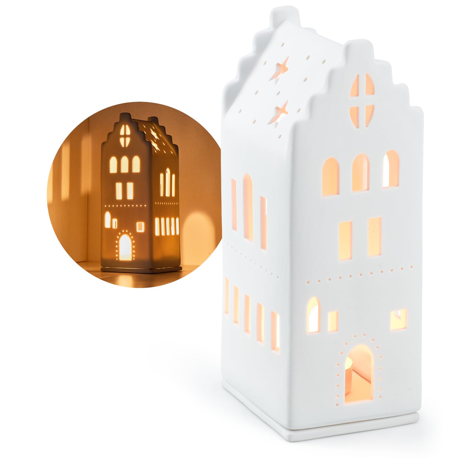 COM-FOUR® tea light house made of porcelain - house made of matt porcelain with tea light base - light house - stylish room decoration in the shape of a house (21.5 cm)