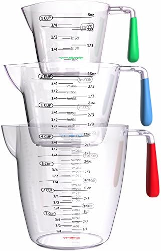 Vremi 3 Piece Plastic Measuring Cups Set - BPA Free Liquid Nesting Stackable Measuring Cups with Spout and Decorative Red Blue and Green Handles - includes 1, 2 and 4 Cup with Ml and Oz Measurement