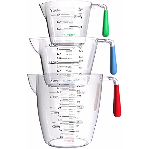 Vremi 3 Piece Plastic Measuring Cups Set - BPA Free Liquid Nesting Stackable Measuring Cups with Spout and Decorative Red Blue and Green Handles - includes 1, 2 and 4 Cup with Ml and Oz Measurement Cover