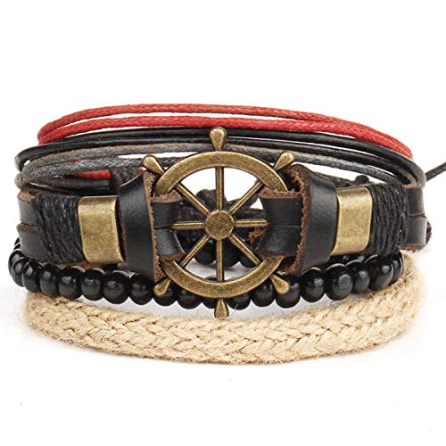 Image of ZIVOM Leather Handcrafted Wood Tibetan Vintage Thread Stackable Multi-strand Wrist Band Bracelet Combo Pack Of 2 Boys Men's