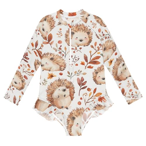 ALAZA Toddler Swimsuit Girl Bathing Suit Swimwear Rash Guard Hedgehog Leaves Flower Long Sleeve 3T