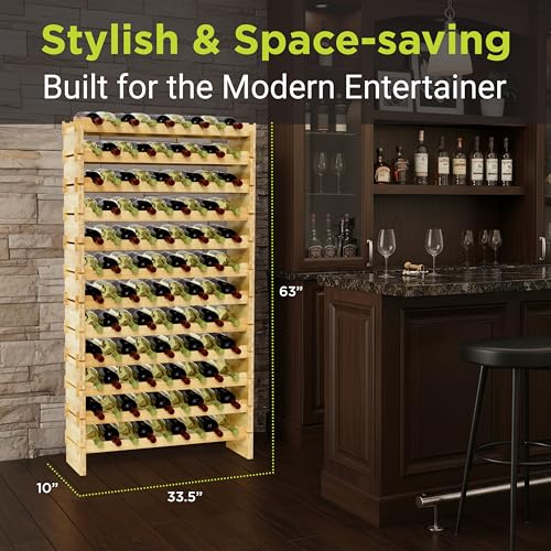 Image of NutriChef 108 Bottle Stackable Modular Wine Rack, Upgraded 1 inch Thick Sideboard, .5 inch Rack Sticks, Sturdy Wobble Free Natural Bamboo Construction, Protective Moisture Resistant Finish, 33.5 inch x 10 inch x 63 inch