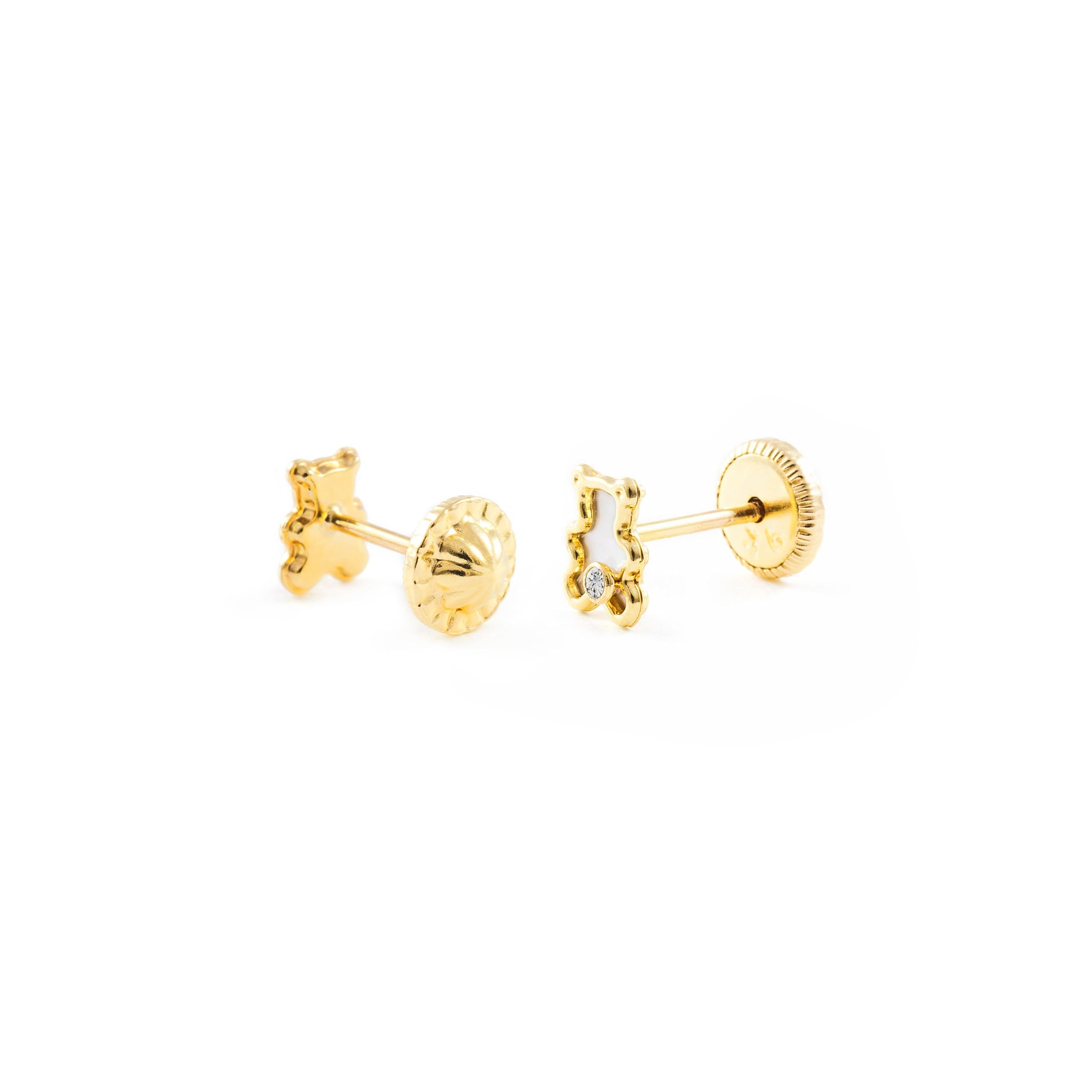 Pendientes Oro Bebe o Niña oso fondo nacar y circon (9kts) - Estuche Regalo - Certificado de Garantía - Mondepetit