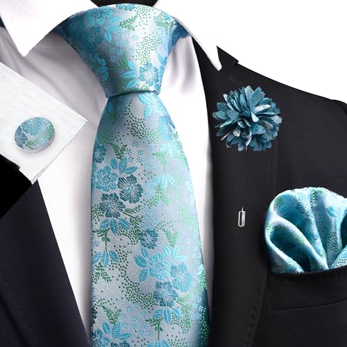 Image of GUSLESON 3.15 inch（8cm） Mens Floral Tie and Lapel Pin Necktie Hankerchief Cufflinks Set for Men