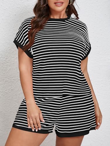 Image of Beautife Womens Plus Size Lounge Set 2 Piece Outfits Stripe Short Sleeve Shirts Tops Shorts Summer Casual Loungewear