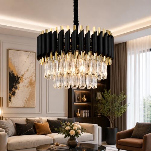 Image of TRIXY Chandeliers Lights for Ceiling Black Gold Square Crystal Hanging Pendant Light Lamp | 2 Tier, K9 Crystal 300mm Stylish Jhoomar Pendant Lamp for Bedroom, Living Room, Balcony Lighting Decor