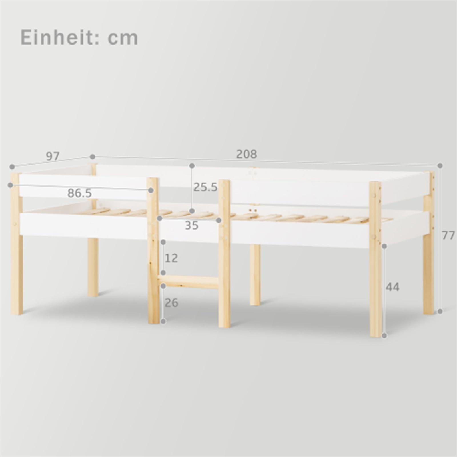 Letto a castello con protezione anticaduta, lettino con griglia e scala, 90 x 200 cm, bianco e rovere, rete a doghe in pino massello per ragazzi e ragazze