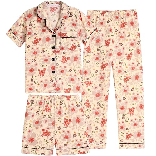 Vopmocld Girls Crepe Button Down Pajama Sets - 3pcs Short Sleeve Long Pants With Shorts Sleepwear Soft Crepe Nighty For Teens