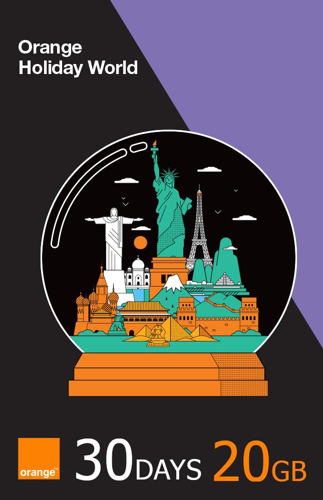 Orange Holiday World SIM Card - 30 Days, Upto 20GB Data, 15Minutes Calls, 50 Text/SMS. Preloaded and Preactivated with Worldwide Service. Tethering Allowed. Global SIM for iPhone and Android