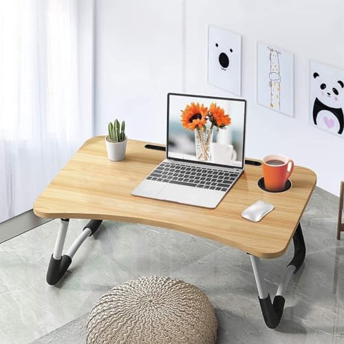 Image of Ardith Study Table Foldable Wooden Laptop Bed Tray Table, Multifunction Lap Tablet Desk with Cup Holder, Perfect for Eating Breakfast, Reading Book, Working, Watching Movie On Be (ADAS-12)