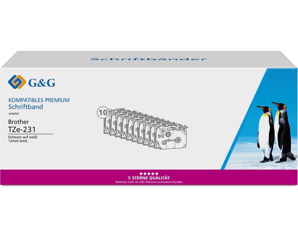 G&G Kompatibles Schriftband für Brother TZe-231 10x Schwarz auf Weiß 12mm x 8m Etikettenband für Brother P-touch H105 H110 1000 1005 1010 1280 D400 PT-H105 PT-H110