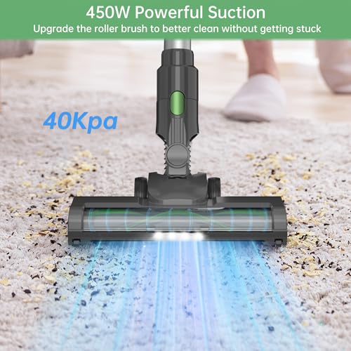 Cordless Vacuum Cleaner, 450W 45KPA 50 Mins Runtime Vacuum Cleaners for Home, Stick Vacuum with Self-Standing, Wall Mount Charging,Anti-tangle,Rechargeable Handheld Vacuum for Pet Hair/Carpet/Floor