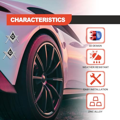 Image of 2 pcs Freemason Square and Compass Metal Decal Auto Emblem, 2.75 inch Chrome Plated Premium Auto Truck Motorcycle Decal Gift Decoration Accessories