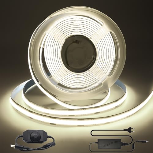 Arotelicht COB LED Strip 3m 12V wit 4000K 320LEDs/m Dimbaar met dimmer adapter Flexibele ledstrip High Density LED tape IP20 voor TV achtergrondverlichting slaapkamer interieurdecoratie