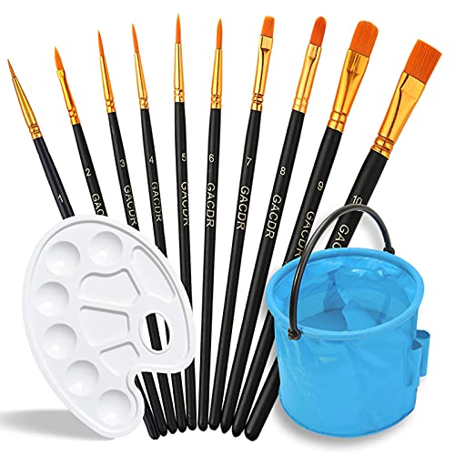 GACDR Acrylic Paint Brushes, 10 Pcs Paint Brush for Kids and 1 Palette 1 Cleaning Bucket for Oil Paint Brushes,Fine Detail Paint Brush Set for Acrylic Oil Watercolor, Body Face Nail Art,Rock Painting