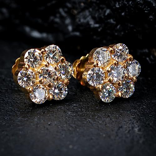 Mens Women Large Trendy Flower Cluster 14k Yellow Gold Plated 925 Sterling Silver Hip Hop Round Shape Iced 5A CZ Circle Screw Back Earrings Jewelry Gifts For Men Women2