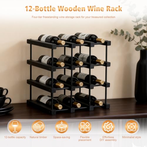 Yolispa Wooden Wine Rack for 12 Bottles, 4 Tiers Freestanding Wine Holder Organizer, Expandable Bottle Racks for Kitchen, Restaurant, Bar, Pantry, Cellar (Black) - Image 3