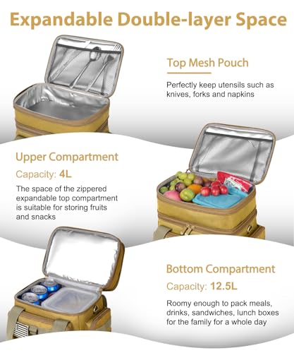 Tactical Lunch Box for Men, Large Insulated Lunch Bag for Adult, Heavy Duty Double Deck Expandable Lunch Cooler Bag with American Flag, Leakproof Soft Lunch Pail for Work Office Camping - Brown - image 4