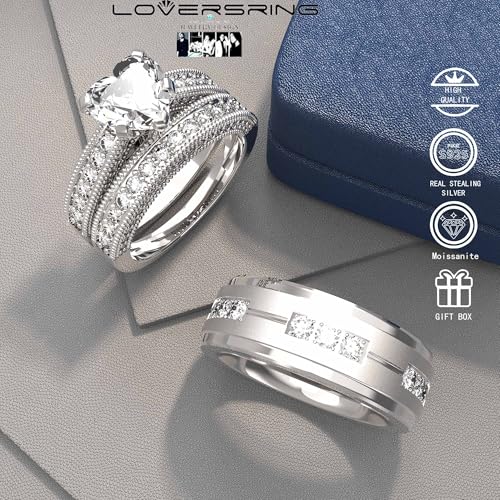 TWO RINGS Wedding Ring Sets His And Hers Promise Ring Couples Bridal Sets Women 925 Sterling Silver Heart Cz Man Brushed Finished Tungsten Carbide Wedding Bands2