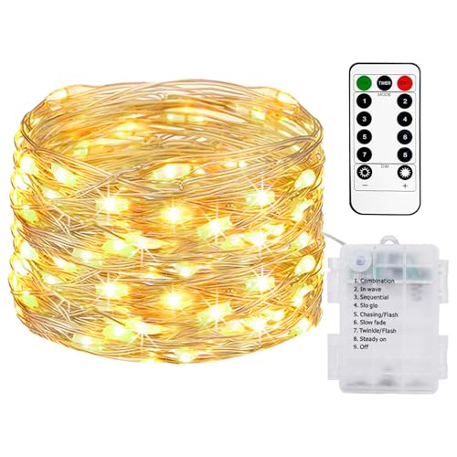 100 LED batteriebetriebene Lichterkette mit Fernbedienung, IP65 wasserdichte LED-Lichterkette für den Innen- und Außenbereich, 8 Modi, Kupferdraht, funkelnde Lichter für Schlafzimmer, Weihnachten