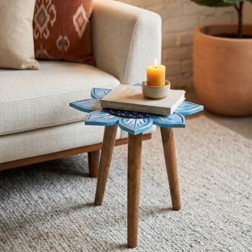 Image of Beautiful Antique Wooden Fold-able Side Table /End Table /Plant Stand /Stool Living Room Kids Play Furniture Table Round Sunflower Shape