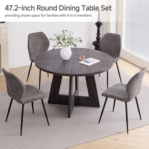 Image of 47 inch Round Dining Table Set for 4, Kitchen Table and Chairs | Wooden Cross Base, Boucle Fabric Chair, for Apartment
