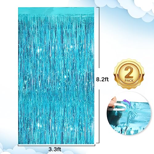 Image of 2Pack Blue Party Streamers 3.3x 8.3ft Foil Fringe Curtains Metallic Photo Booth for Birthday Wedding Baby Shower Underwater Ocean Party Decorations Tinsel Curtain for Parties Streamers Tinsel Backdrop