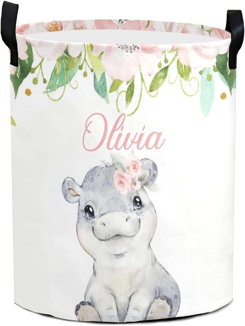 Floral Hippo Soft Pink Personalized Laundry Basket Clothes Hamper with Handles Waterproof,Collapsible Laundry Storage Baskets for Bathroom,Bedroom Decorative