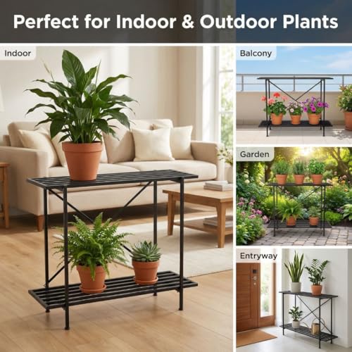 Image of ecofynd Eric Plant Stands for Outdoor Balcony, Flower Pot Stand for Indoor Plants, Large Metal Planter Stand for Living Room, home decor, Indoor & Outdoor plants, 2 Tier, (26 Inch, PS050-BLK)